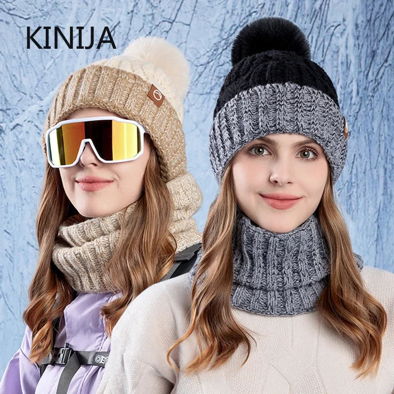 2pc Set Knitted Hat Scarf Cap Neck Warmer Winter Hat for Men Women Skullies Beanies Warm Fleece Cap Anti-cold Gorras Bonnet