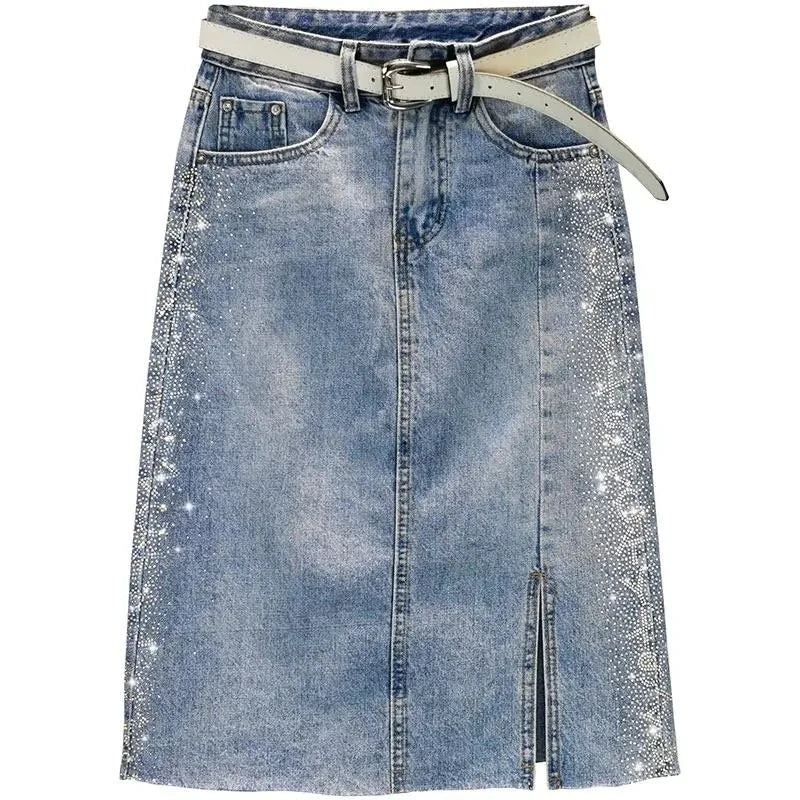 New Diamond inlay Split Vintage Casual Denim Skirt Female 2024 Summer Trend Fashion High Waist Slim Wrap Hip Half Skirt Women's