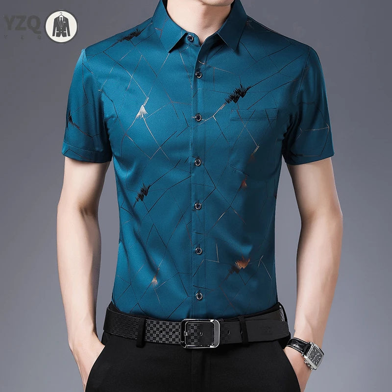 New Men's Casual Printed Short Sleeved Lapel Shirt for Summer Fashion Comfort No Ironing Wrinkle Resistant Top