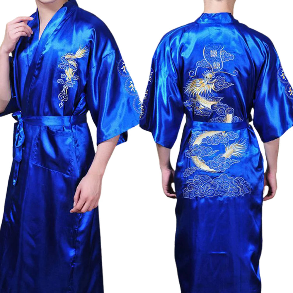 Men Silk Satin Sleepwear Chinese Dragon Kimono Embroidery Bathrobe Pajamas Gown Bath Robe Summer Casual Intimate Lingerie