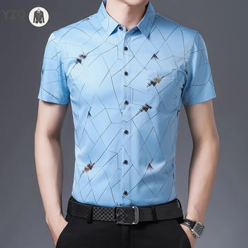 New Men's Casual Printed Short Sleeved Lapel Shirt for Summer Fashion Comfort No Ironing Wrinkle Resistant Top