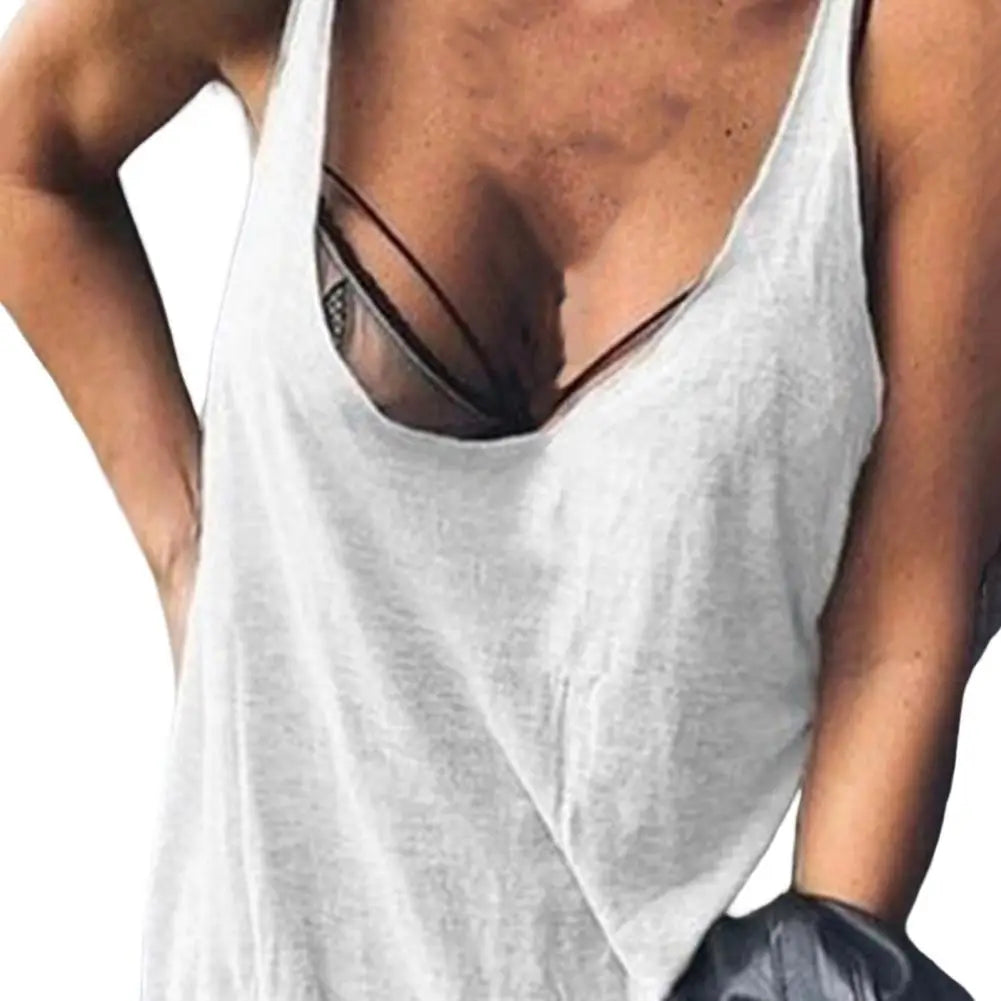 Lady Casual Solid Color Loose Tees U-neck Sleeveless Thin Women Vest Low Collar Stretchy Lady Summer Simple T-shirt Streetwear - OneLoveCanada