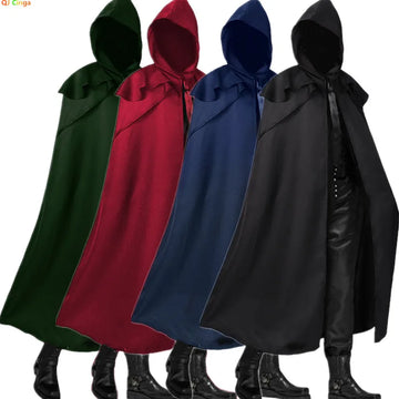 Black Medieval Men's Retro Cosplay Hooded Cape Gothic Long Cloak Jacket, Red Green Blue Available, Unisex Jacket
