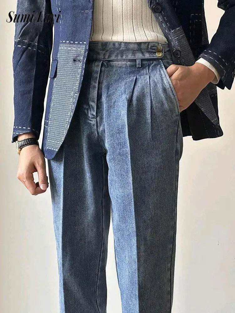 Naples Jean Trousers For Men 2024 Fall Trendy Solid Color Washed Denim Pants Mens Stylish Slim Fit Draped Design Straight Jeans