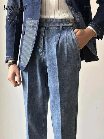 Naples Jean Trousers For Men 2024 Fall Trendy Solid Color Washed Denim Pants Mens Stylish Slim Fit Draped Design Straight Jeans