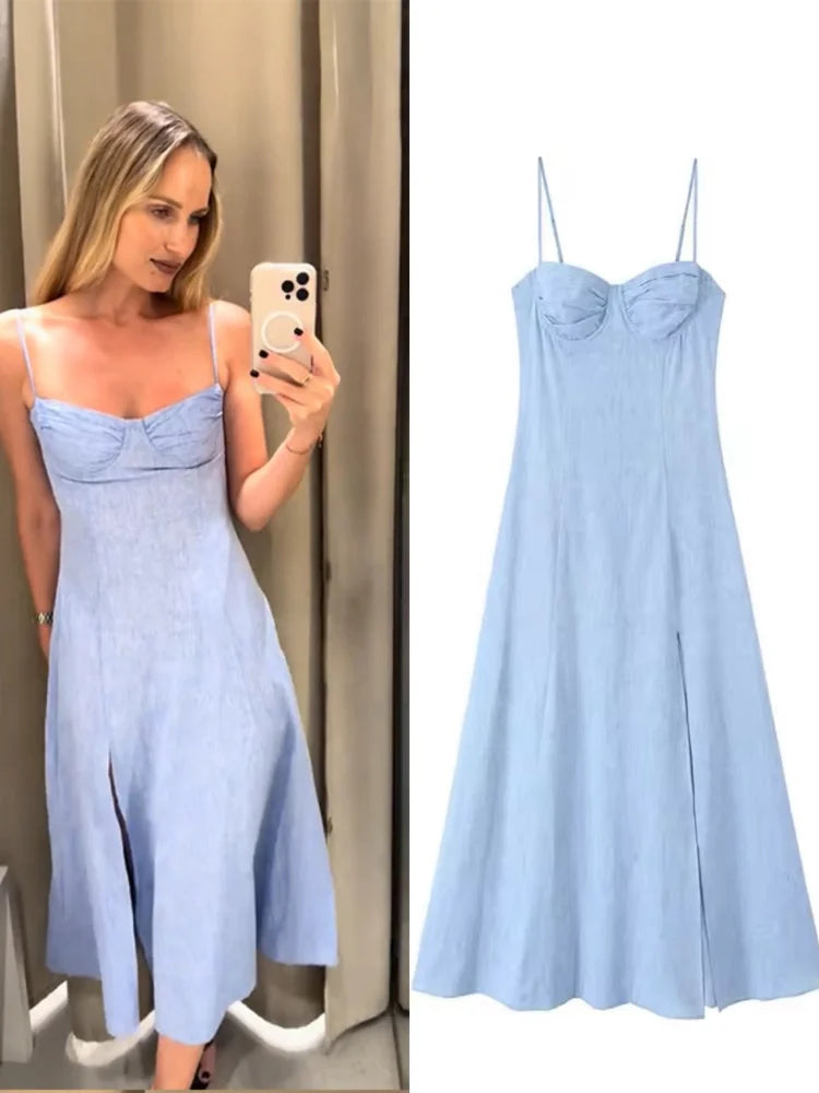 Spaghetti Strap Sexy Backless Split Midi Dress Women Sleeveless Pleated High Waist A-line Summer Dresses 2025 New Street Robe