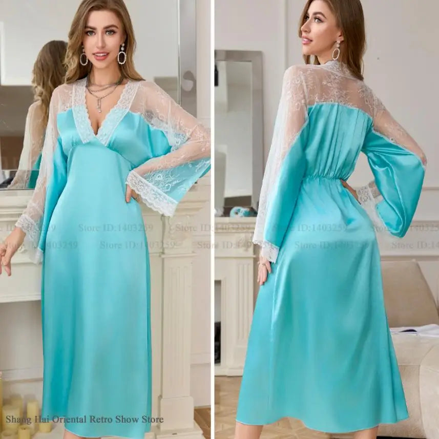Elegant Long Sleepdress Silky Satin Women Nightgown Loungewear Sexy Perspective Lace Sleeves Nightdress Sleepwear Loose Homewear