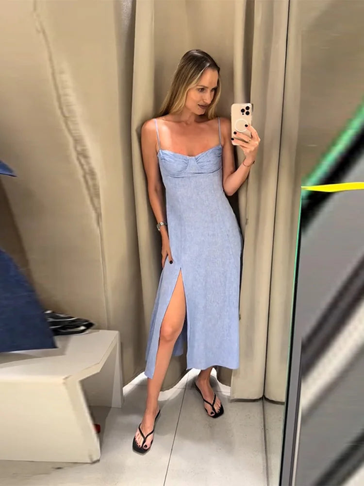 Spaghetti Strap Sexy Backless Split Midi Dress Women Sleeveless Pleated High Waist A-line Summer Dresses 2025 New Street Robe