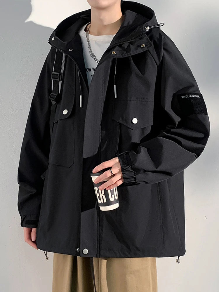 Men's Jacket Korean Style Multi-Pockets Hooded Windbreaker Unisex Oversized Coat Streetwear Black Windproof Casual Jackets