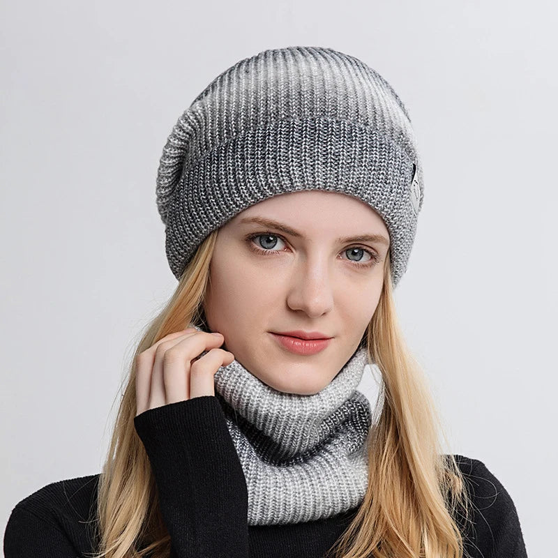 Women's Winter Keep Warm Beanie Scarf Set 2 Pieces Lady Fleece Lining Woolen Yarn Hat Knit Neck Gaiter Gradient Color Wholesale