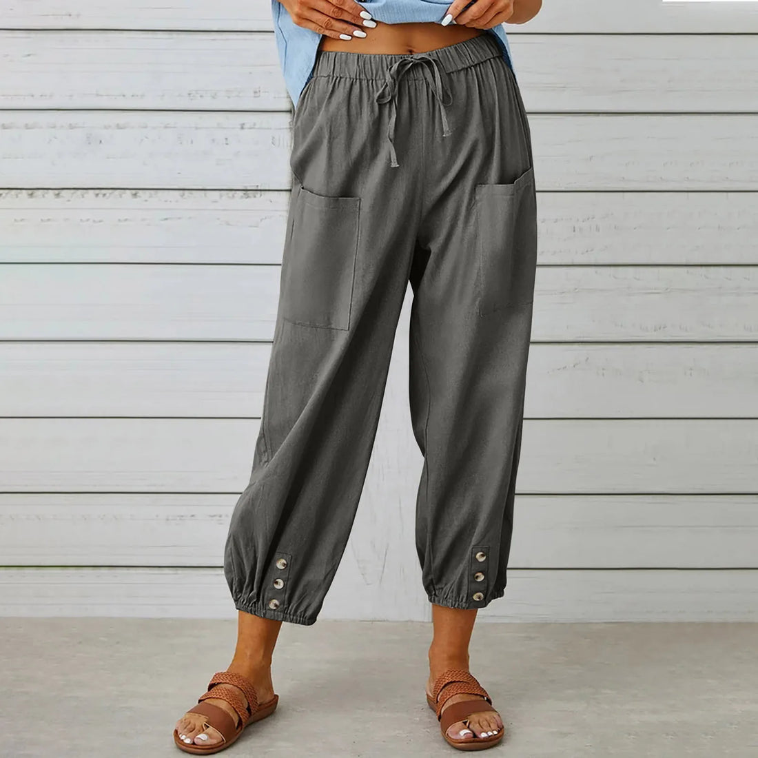 Women Simple Casual Trousers Cotton Linen Solid Color Pockets Drawstring Trousers Summer Thin Ladies Elastic Waist Chino Pants