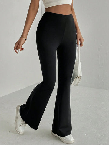 Women's Plain High Waist Flare Leg Pants, Casual Comfy Bell Bottom Trousers for Daily wear, Ladies Tight Flared Pants