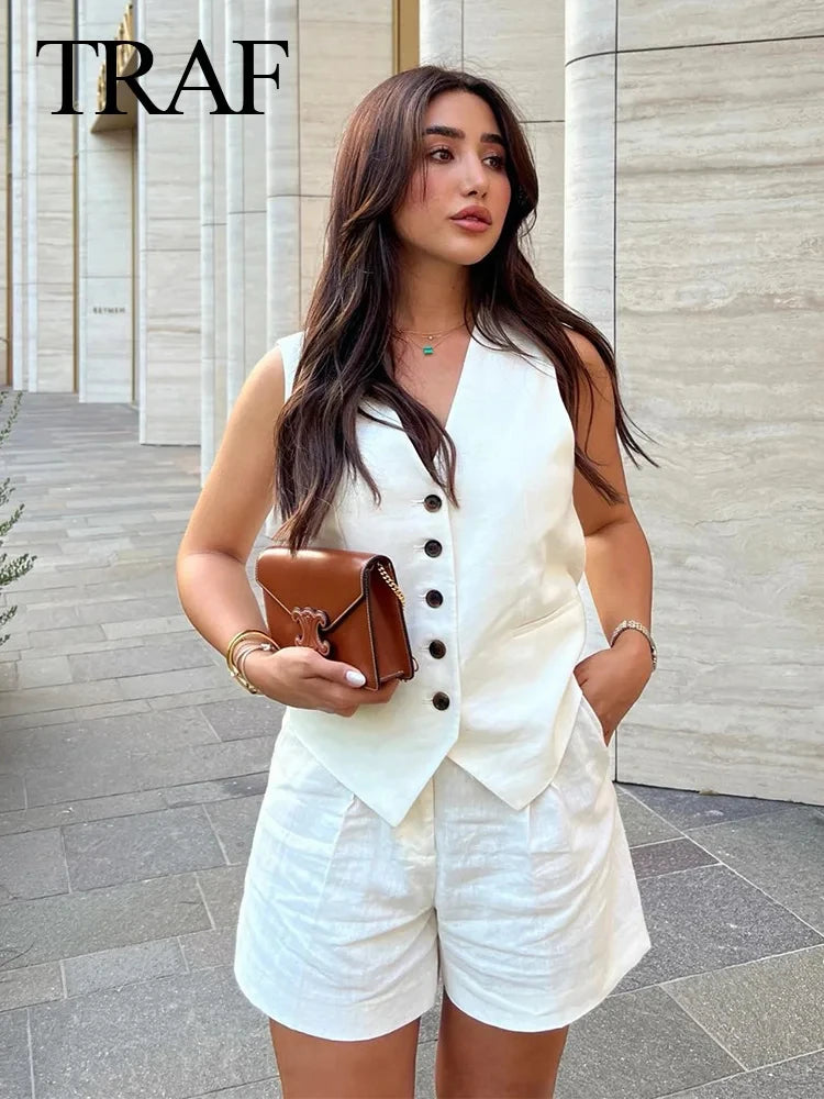 TRAFZA Women Elegant Solid Waistcoat Shorts Set 2024 Sleeveless Vest Top+High Waist Slim Shorts Lady Office Casual 2 Pieces Set