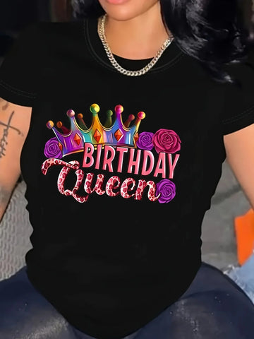 Birthday Queen Graphic Print T-Shirt - Women's Casual Crew Neck Short Sleeve Top For Summer & Spring