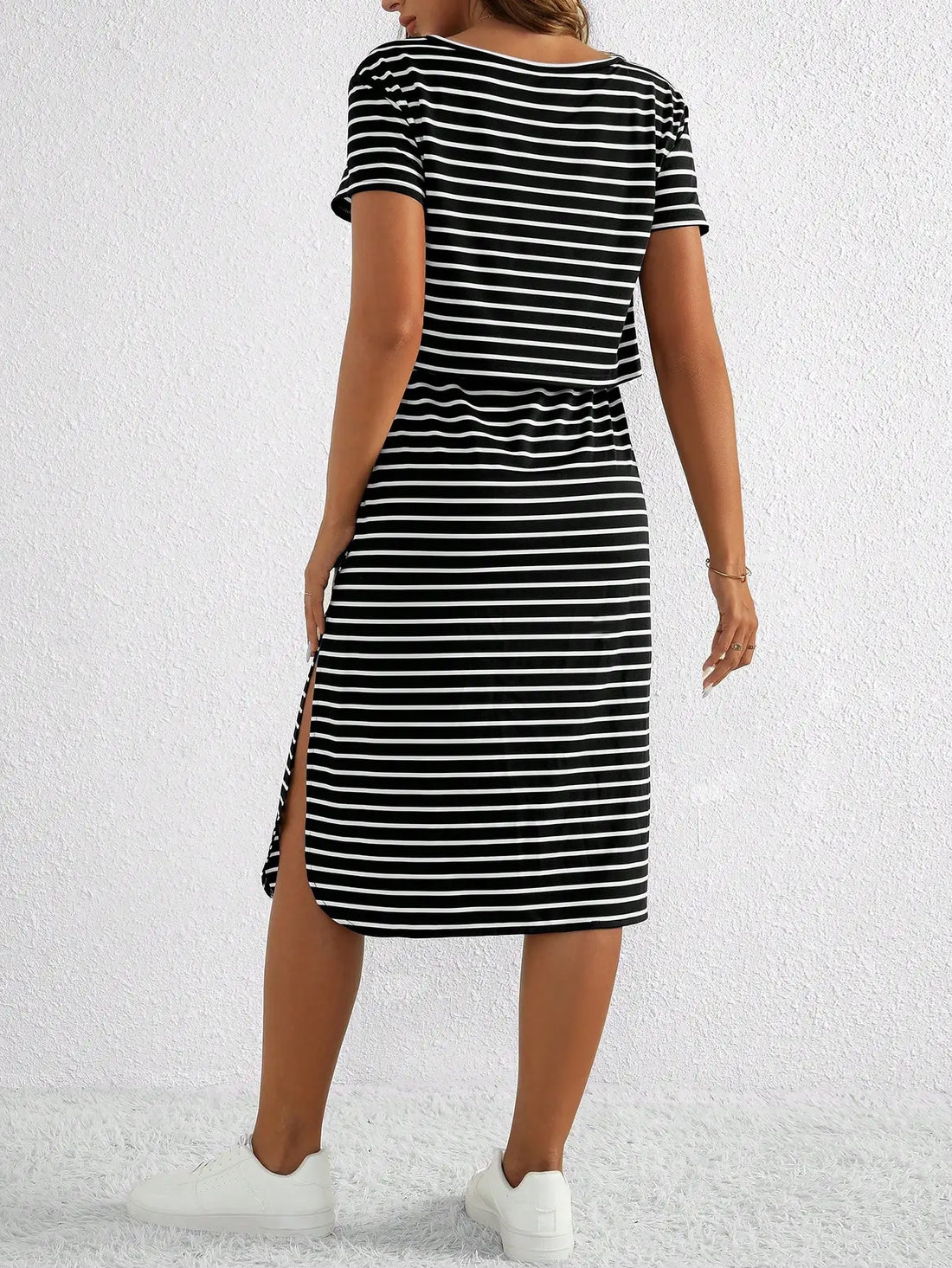 Round Neck Senior Sense Pregnant Women Spring Summer Long Dress Slim-fit Breastfeeding Black and White Striped Short Sleeve