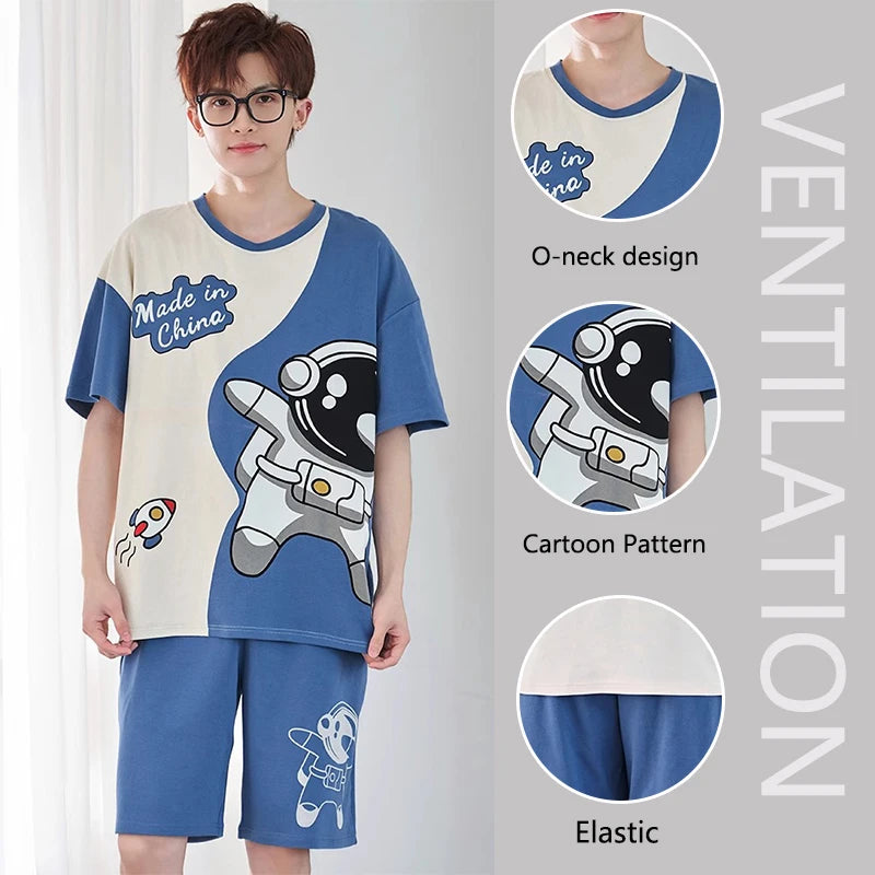 Men Pajamas Short-Sleeved Teenagers Loose Large Size Casual Homewear Grey Plaid Pullover Easy to Clean Cartoon Sleepwear