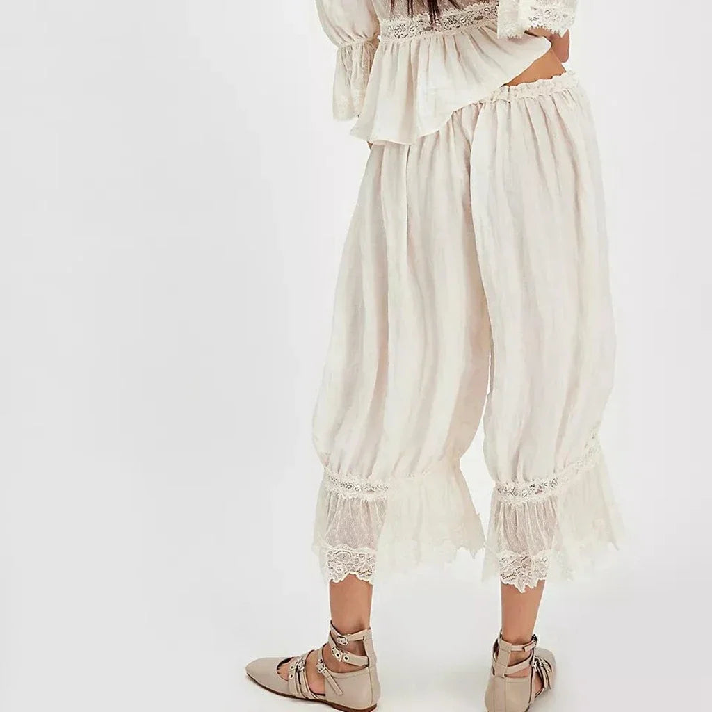 Women's Y2K Loose Fit Bloomers Cropped Pants Drawstring High Waist Floral Lace Patchwork Calf-Length Lantern Trousers