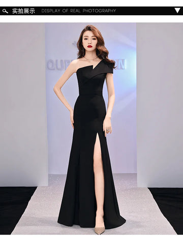 Host evening dress, light luxury, niche one shoulder black long dress, fishtail, one shoulder dress, female