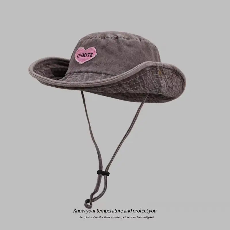 Japanese Retro Washed Cowboy Hats for Women Spring and Summer Outdoor Camping Sun Protection Sweet Pink Love Bucket Caps - OneLoveCanada