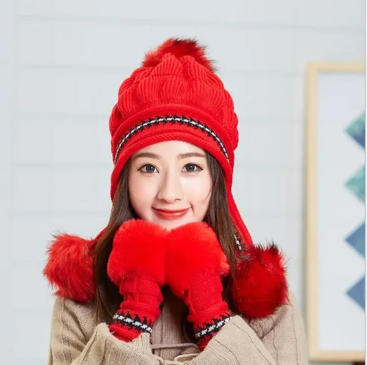 Women Girls Hat Gloves Set Keep Warm Knitted Fur Ball Decoration Cute Fashion Beanies Glove 2 Pieces Set For Winter