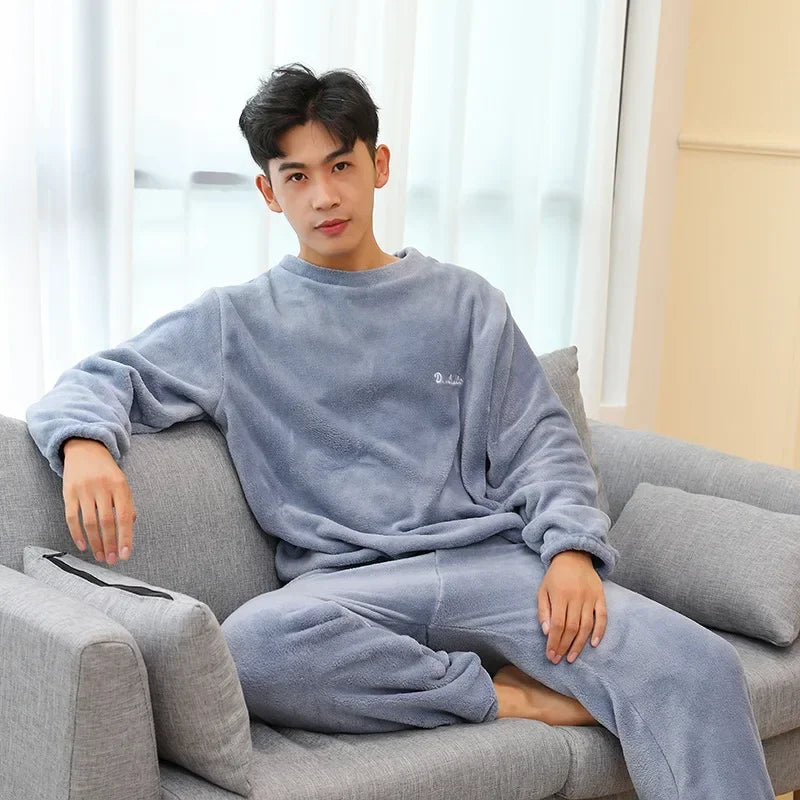 2Pcs/set thickened warm men's coral fleece pajamas autumn and winter home wear long sleeves and long pants solid color soft paja