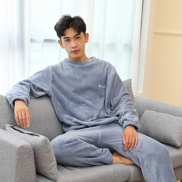 2Pcs/set thickened warm men's coral fleece pajamas autumn and winter home wear long sleeves and long pants solid color soft paja