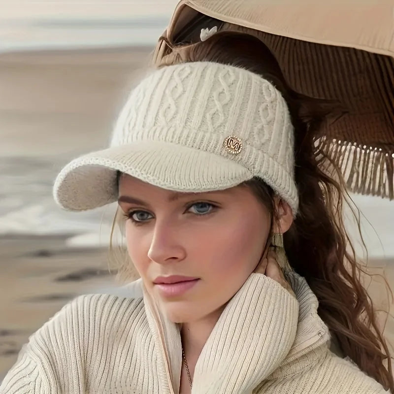 1pc Baseball Cap Knit Beanie Hat for Women High Bun Ponytail Skull Cap Stretch Winter Chunky Warm Visor Brim Crochet Hats