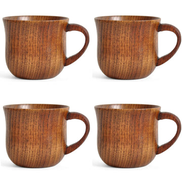 4 Pack Wooden Cups with Handles Jujube Wood Mugs Natural Solid Wood Coffee Cups Suitable for Drinking Tea Milk Coffee Hot Drinks