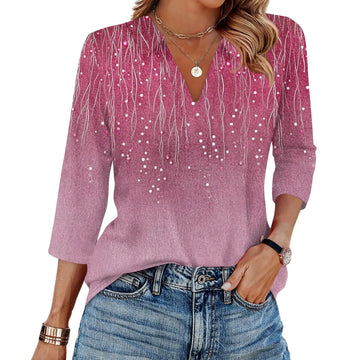 Women's Fashion Casual Lapel 3/4 Sleeve Print Shirt Women's V-Neck Tops Tops for Women Womens Tops and Blouses 2025 Dressy Tops - OneLoveCanada