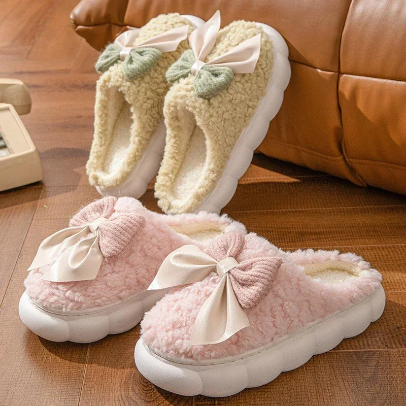 Winter Warm Fur Slippers Cute Bow House Non Slip Soft Shoes Comfort Flat Heel Home Indoor Bedroom Plush Slippers for Women