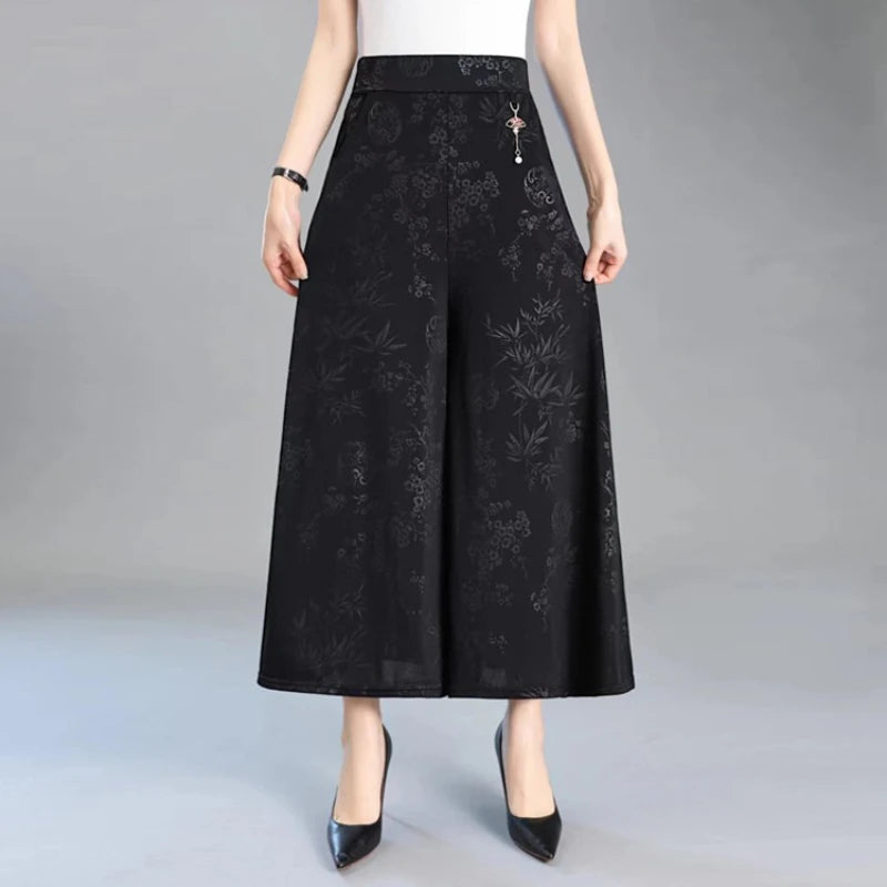 Women's Wide Leg Pants With Small Pendant Plus Size Loose Skirt Pants New Fashionable Bamboo Leaf Flower Women's Clothing
