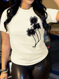 Women's Casual T-Shirt - Black Floral Print Short Sleeve Crew Neck Top Lightweight Breathable Fabric Ladies T Shirts - OneLoveCanada