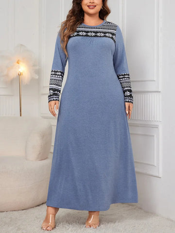 GIBSIE Plus Size Ethnic Print Long Sleeve Maxi Dress Women Autumn New Crew Neck Loose Casual A-Line Dresses Women's 2024