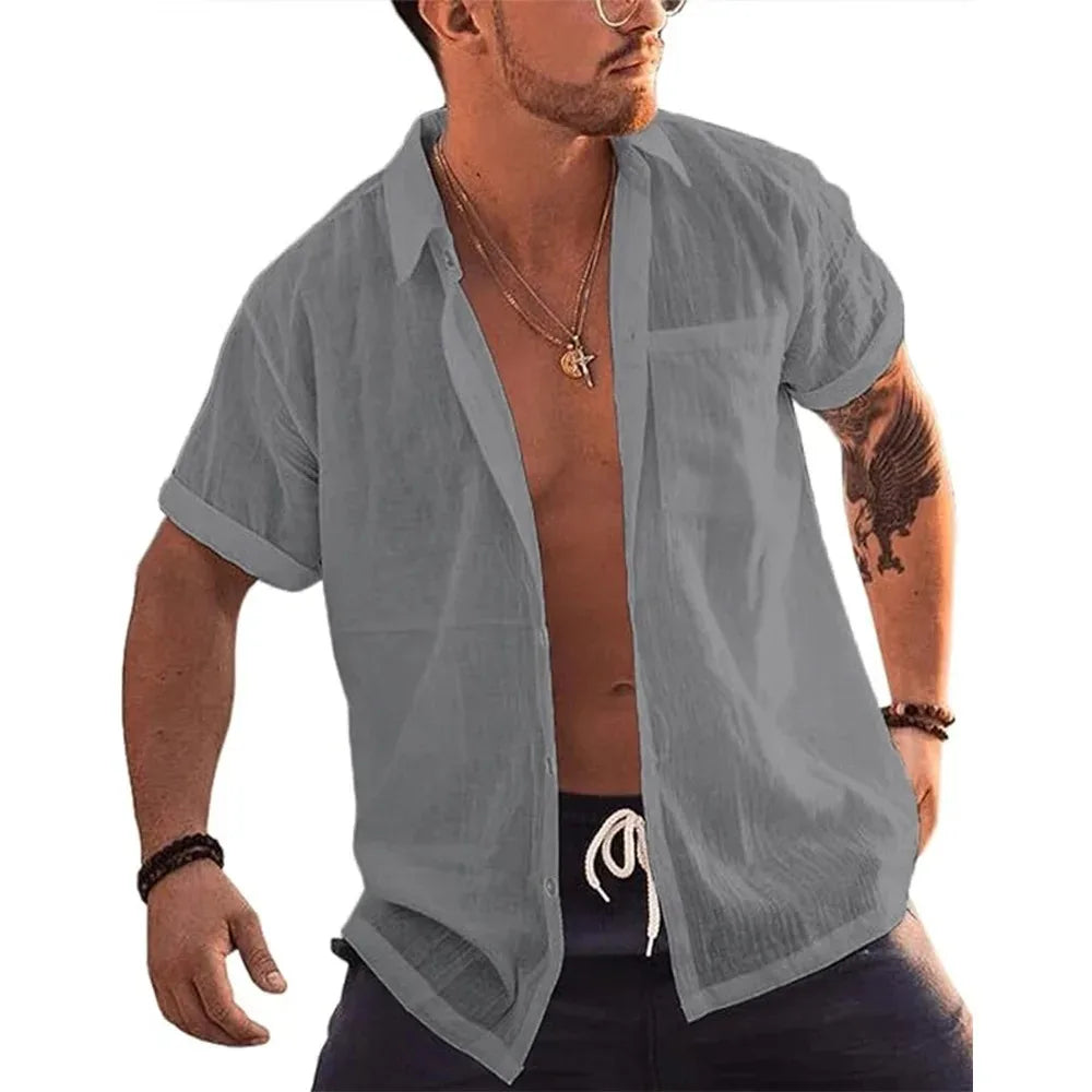 Mens Short Sleeve T-Shirts Button Up Shirts Linen Cotton Beach Tops Turn Down Collar Summer T Shirt with Pocket