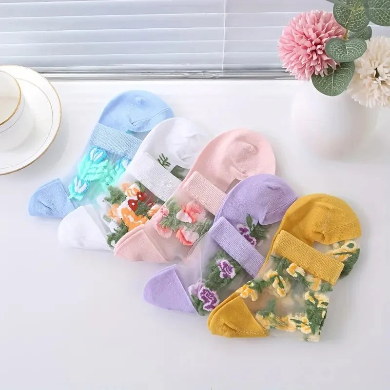 5 Pairs of Vibrant Floral Embroidery Socks - Soft, Lightweight, Breathable, and Sheer Mid Tube Design - Machine Washable, Womens