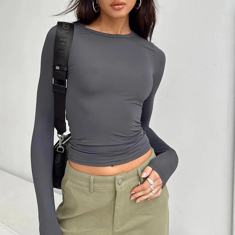 Women Casual Long Sleeve T-Shirts Spring Autumn Solid Slim Fit Pullovers Tees Shirts Female Streetwear Base Tees Tops  Casual - OneLoveCanada