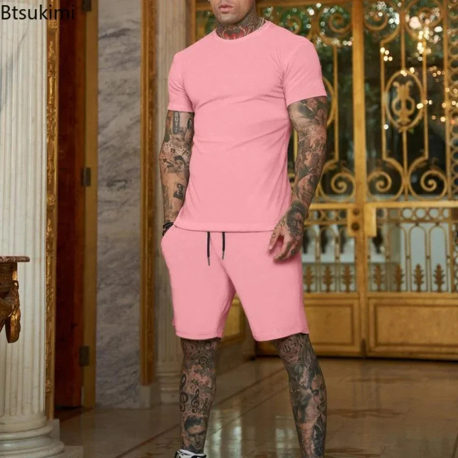 2025 Summer 2PCS Tracksuit for Men Short Sleeve T-Shirt+Shorts 2 Piece Set Sports Suit Men Solid Gyms Fitness Sportswear Sets