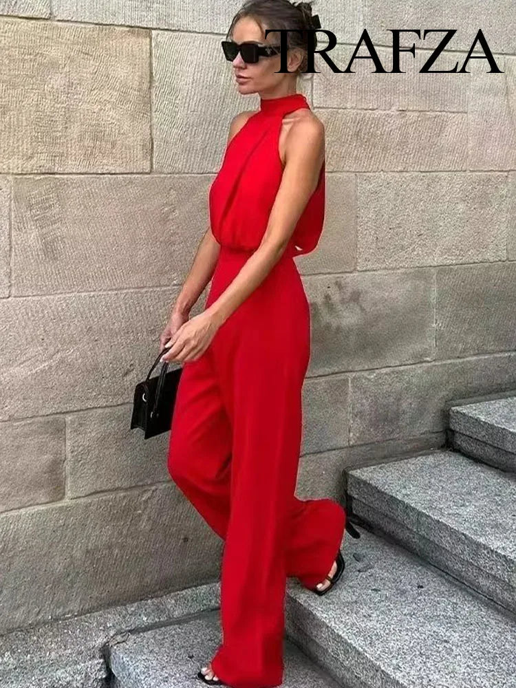 TRAFZA Women Fashion Elegant Solid High Waist Wide Leg Jumpsuit Female Casual Chic Hanging Neck Sleeveless Slim Holiday Playsuit