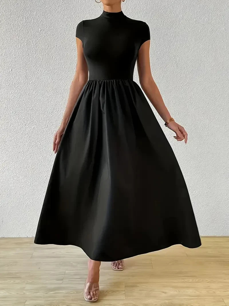 Plus Size 1XL-5XL Women Black Half-High Collar Dress Vintage Temperament Short Sleeve Dress Chic Slim A-Line Dresses Ladies