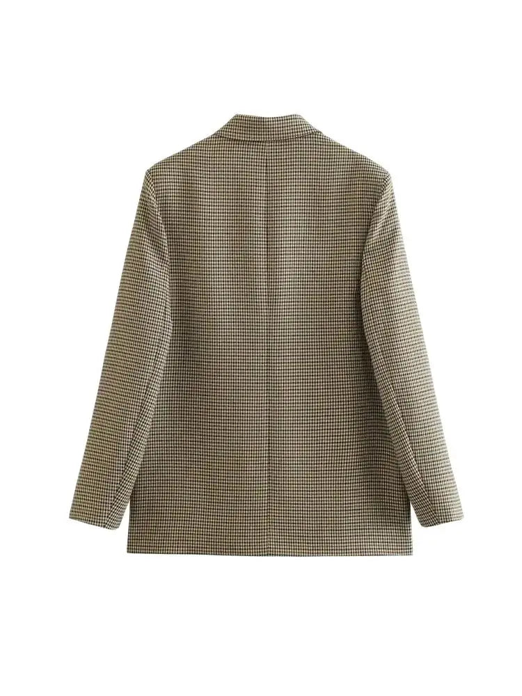 TRZA Women Fashion Double Breasted Plaid Blazer Coat Vintage Long Sleeve Flap Pockets Female Outerwear Chic Vestes Femme