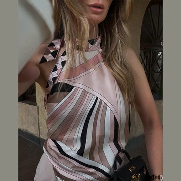Print Tank Skirt Women's Set Halter Sleeveless Backless Top Short Skirts Female Sets 2025 Summer Vacation Chic Beach Lady Suit
