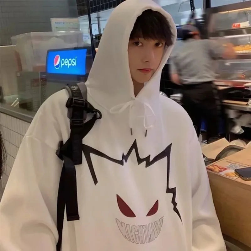 【 M-8XL Hoodie 】 Men Oversized Pullover Hoodie Fashionable Loose Japanese Anime Pok É Mon Baby Genghis Ghost Print Couple Outfit