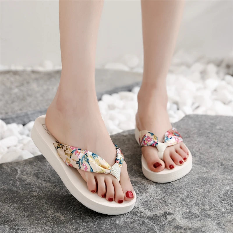 Summer flip flops for women, bohemian silk and satin strap, casual lame heel, beach women's slippers, ethnic style slippers
