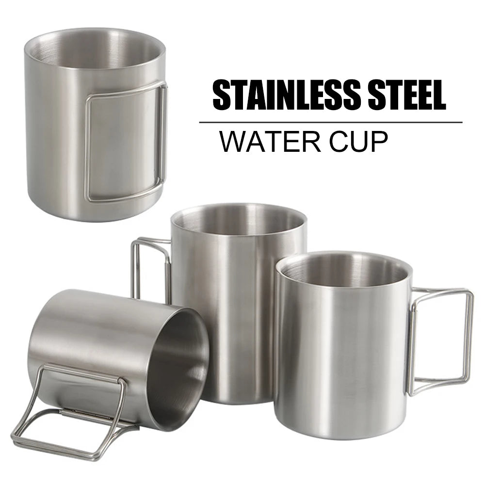 Camping Cup 200ml/300ml/400ml Stainless Steel Water Cup Tea Cup Coffee Mug with Foldable Handles for Outdoor Camping Hiking