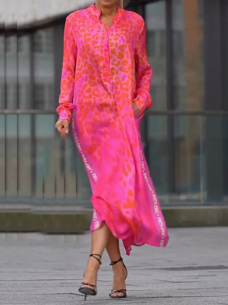 Elegant Casual Dress New Spring Summer Printed Long-sleeve V-neck Leopard Print Slit Pocket Dress For Women Fashion Party Dress
