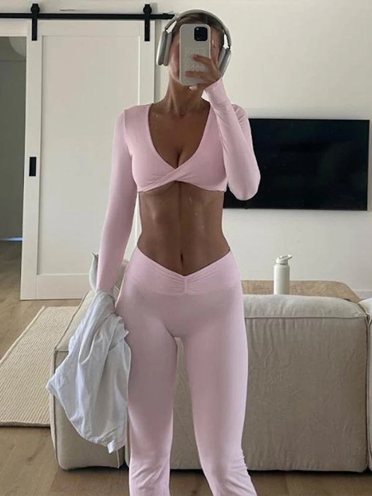 Whatiwear Sporty Casual 2 Piece Set Women Cross Knot V-Neck Crop Tops+Ruched Leggings Simple Matching Streetwear Classic Outfits