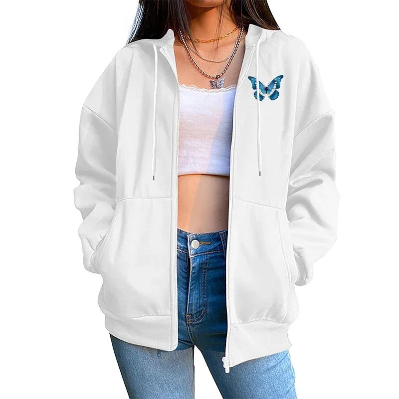 Butterfly Printed Hoodies for Women 2025 Hot Sale Hooded Longsleeve Jackets Autumn Home Outdoor Casual Fashion Ziiper Coats