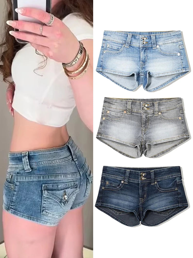 Y2k Zipper Denim Mini Shorts For Women Sexy Low Waist Pocket Peachy Bottom Short Jeans Female Chic Street Evening Club Partywear