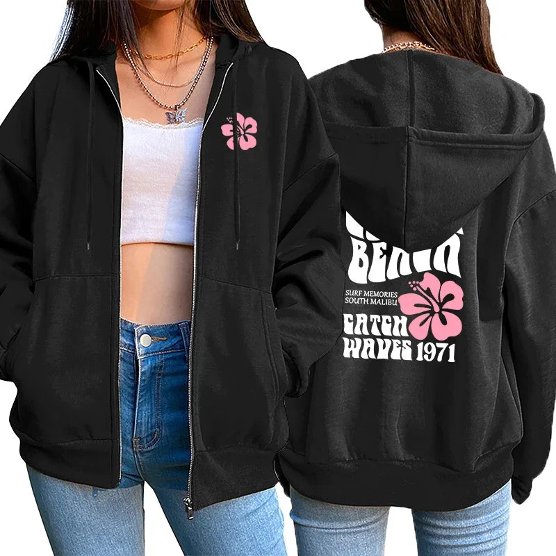 Womens Hoodies Printed Casual Zipper Sweatshirts Sports Jogging Overcoat Daily Outdoors Clothing High Quality Woman Streetwear