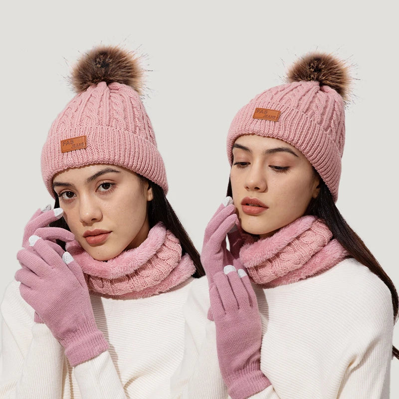 3Pcs/Set Women Winter Hat Scarf Gloves Faux Fur Ball Teenager Girls Knitted Beanie Neck Warmer Suit Warm Ears Woman Cap Set
